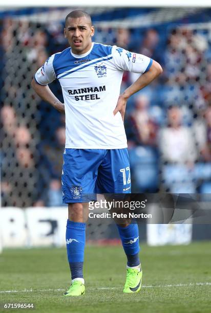 James Vaughan of Bury in action during the Sky Bet League One match between Bury and Northampton Town at Gigg Lane on April 22, 2017 in Bury, England.