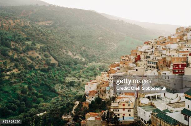 schilderachtig uitzicht van moulay idriss zerhoun - moulay idriss stockfoto's en -beelden