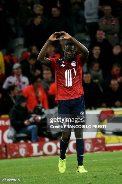 Lille's Portuguese forward Eder celebrates after scoring a goal during the French L1 football match between Lille and Guingamp on April 22, 2017 at...