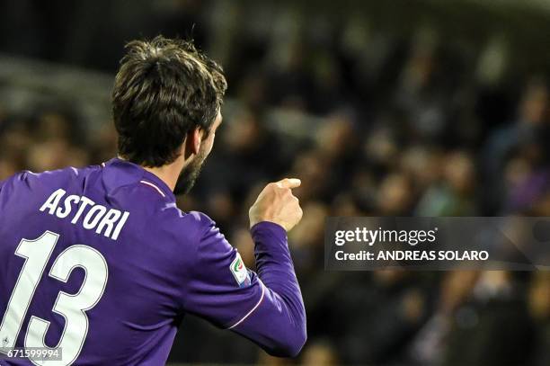 Fiorentina's defender from Italy Davide Astori celebrates after scoring during the Italian Serie A football match Fiorentina vs Inter Milan, on April...