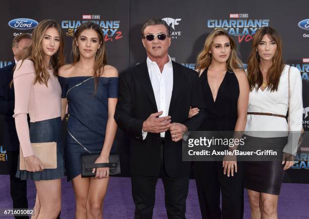 Scarlet Rose Stallone, Sistine Rose Stallone, actor Sylvester Stallone, Sophia Rose Stallone and model Jennifer Flavin arrive at the premiere of...