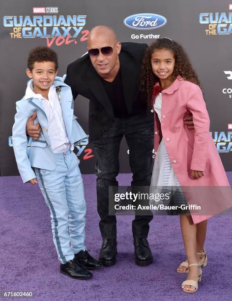 Actor Vin Diesel, son Vincent Sinclair and daughter Hania Riley Sinclair arrive at the premiere of Disney and Marvel's 'Guardians of the Galaxy Vol....