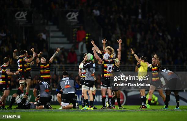 Gloucester players celebrate victory on the final whistle during the European Rugby Challenge Cup Semi Final match between La Rochelle and Gloucester...