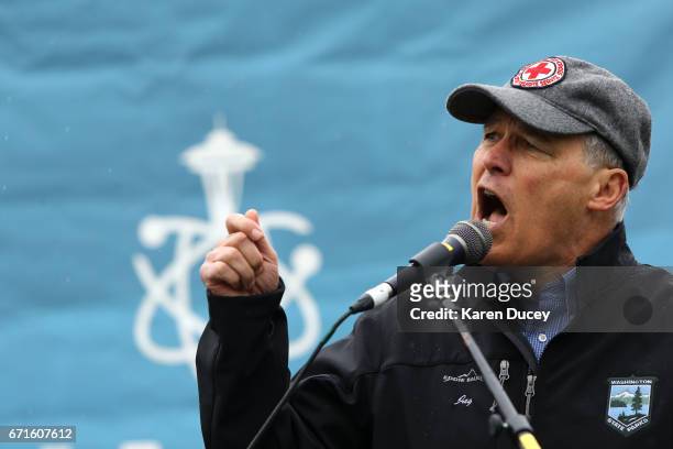 Washington state Governor Jay Inslee speaks at a rally during the March for Science at Cal Anderson Park on April 22, 2017 in Seattle, Washington....