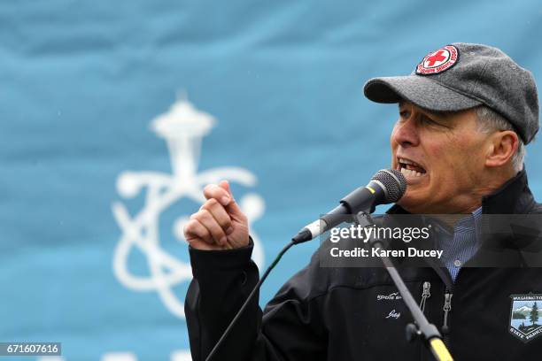 Washington state Governor Jay Inslee speaks at a rally during the March for Science at Cal Anderson Park on April 22, 2017 in Seattle, Washington....