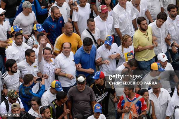 Venezuelan opposition deputies Miguel Pizarro, Jose Manuel Olivarez, Tomas Guanipa, the president of Venezuela's National Assembly Julio Borges,...