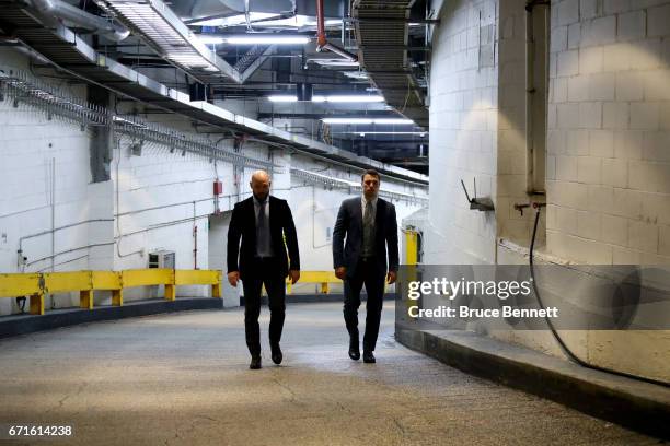 Andrei Markov and Alexei Emelin of the Montreal Canadiens prior to Game Six against the New York Rangers in the Eastern Conference First Round during...