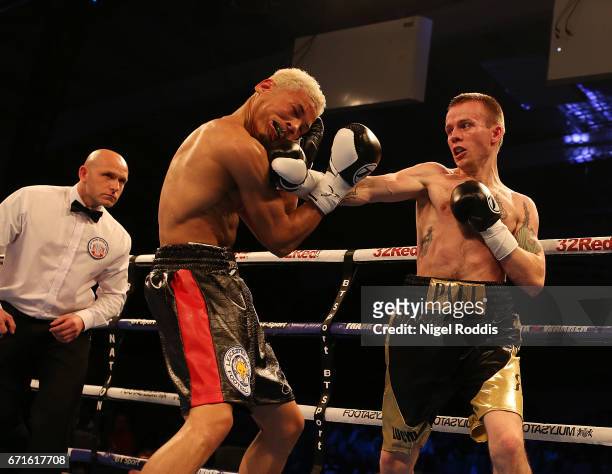 Lyon Woodstock in action against Paul Holt in a Vacant Midlands Area Super-Featherweight Championship fight at the Leicester Arena on April 22, 2017...