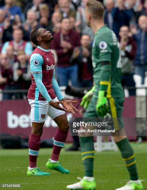 Diafra Sakho of West Ham United reacts after a missed chance as Maarten Stekelenburg of Everton watches on during the Premier League match between...