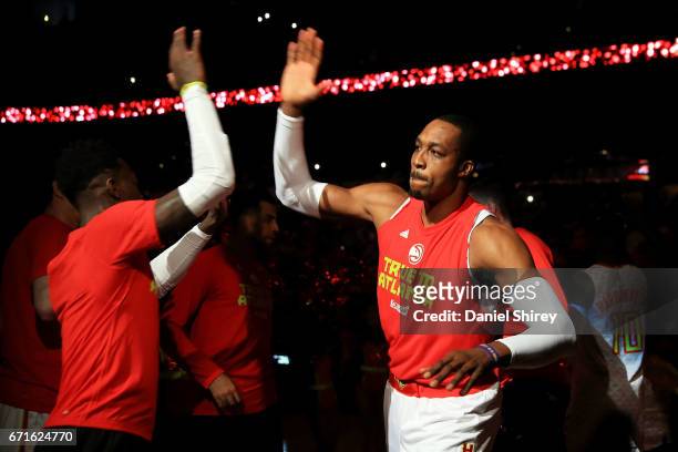 Dwight Howard of the Atlanta Hawks is introduced prior to the first quarter against the Washington Wizards in Game Three of the Eastern Conference...