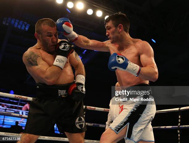 Tommy Langford in action against Avtandil Khurtsidze for the Interim WBO World Middleweight Title at the Leicester Arena on April 22, 2017 in...