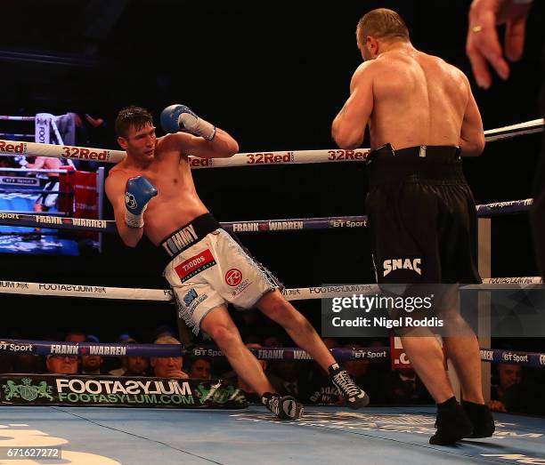 Tommy Langford is knocked out by Avtandil Khurtsidze for the Interim WBO World Middleweight Title at the Leicester Arena on April 22, 2017 in...