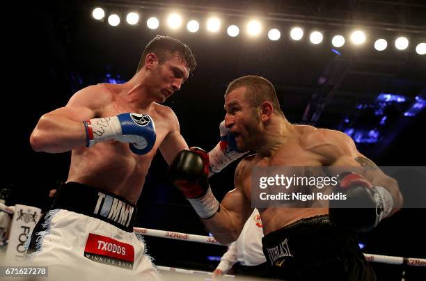 Tommy Langford in action against Avtandil Khurtsidze for the Interim WBO World Middleweight Title at the Leicester Arena on April 22, 2017 in...