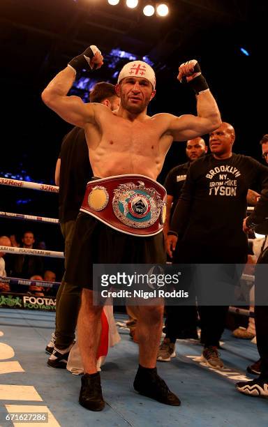 Avtandil Khurtsidze celebrates after being beating Tommy Langford in their Interim WBO World Middleweight Title at the Leicester Arena on April 22,...