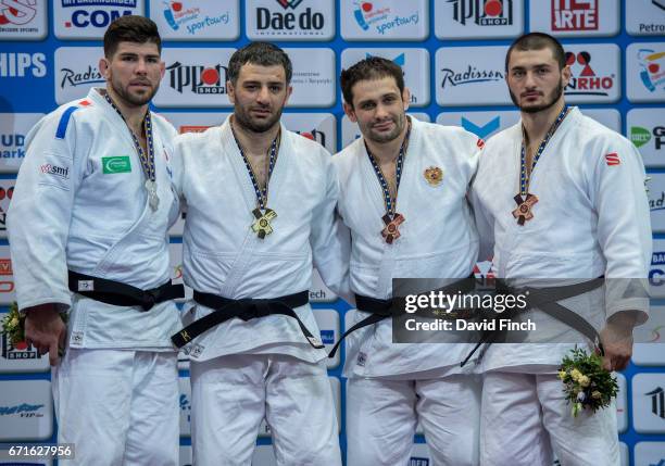Under 100kg medallists L-R: Silver; Cyrille Maret , Gold; Elkhan Mammadov , Bronzes; Kirill Denisov and Kazbek Zankishiev during the 2017 Warsaw...