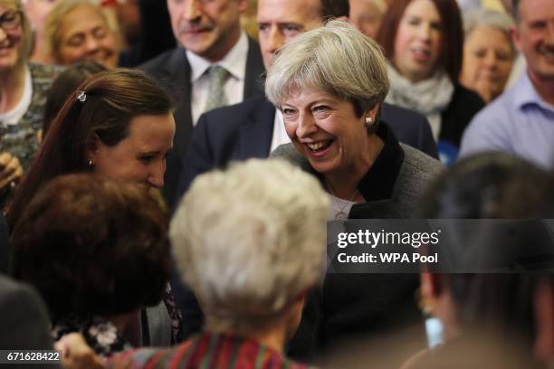 Prime Minster Theresa May delivers a stump speech at Netherton Conservative Club during the Conservative Party's election campaign on April 22, 2017...