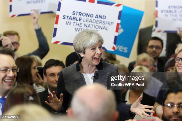 Prime Minster Theresa May delivers a stump speech at Netherton Conservative Club during the Conservative Party's election campaign on April 22, 2017...