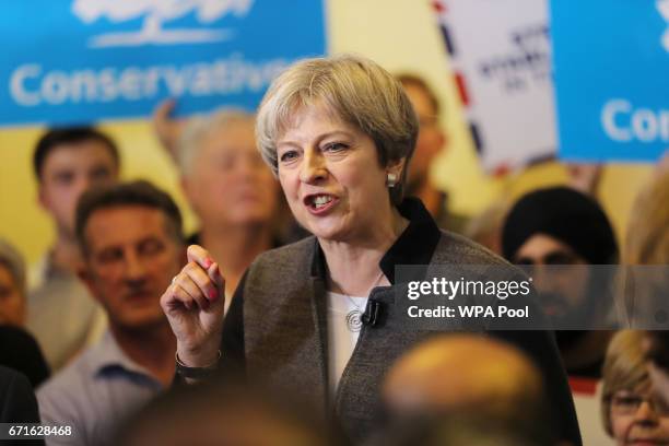 Prime Minster Theresa May delivers a stump speech at Netherton Conservative Club during the Conservative Party's election campaign on April 22, 2017...