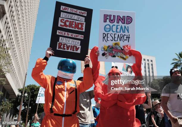 Scientists and supporters participate in a March for Science on April 22, 2017 in Los Angeles, California. The event is being described as a call to...