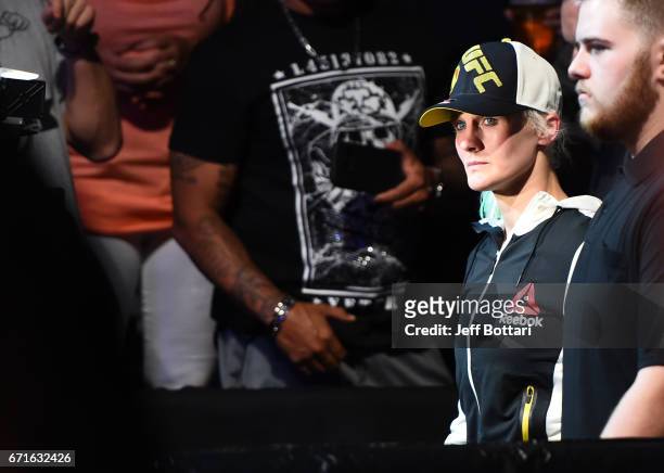 Cindy Dandois of Belgium prepares to enter the Octagon before her women's bantamweight bout during the UFC Fight Night event at Bridgestone Arena on...
