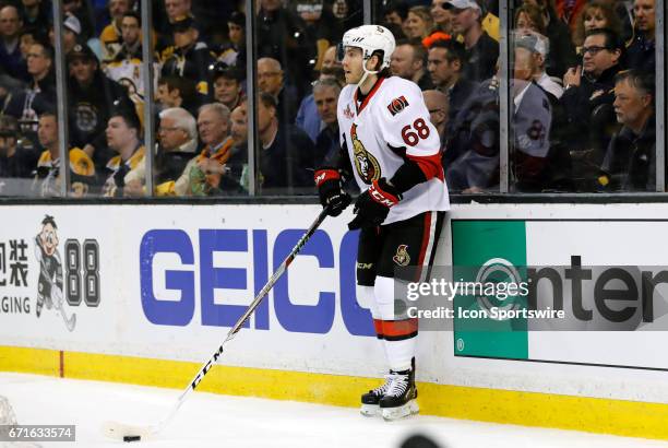 Ottawa Senators left wing Mike Hoffman waits for his teammates to cycle during Game 4 of a first round NHL playoff series between the Boston Bruins...