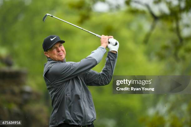 Bob Tway tees off on the third hole during the first round of the PGA TOUR Champions Bass Pro Shops Legends of Golf at Big Cedar Lodge at Top of the...