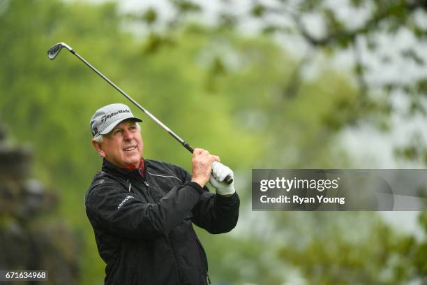 Hale Irwin tees off on the third hole during the first round of the PGA TOUR Champions Bass Pro Shops Legends of Golf at Big Cedar Lodge at Top of...