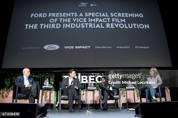 Economist Jeremy Rifkin, filmmaker Eddy Moretti and Chief Executive Officer of Ford, Mark Fields speak at Ford Presents A VICE Impact Film, "The...