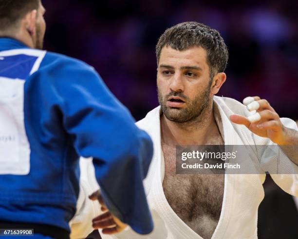 Elkhan Mammadov of Azerbaijan defeated Cyrille Maret of France by an ippon to win the u100kg gold medal during the 2017 Warsaw European Judo...