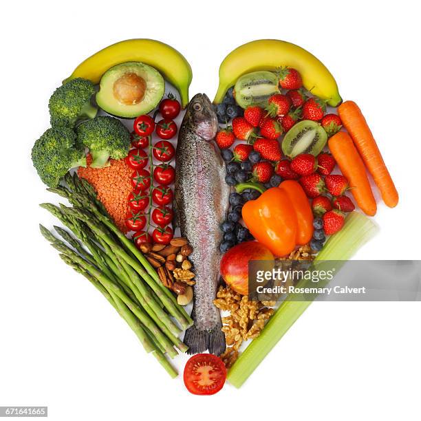 fish fruit & vegetables part of mediterranean diet - dieta mediterranea foto e immagini stock