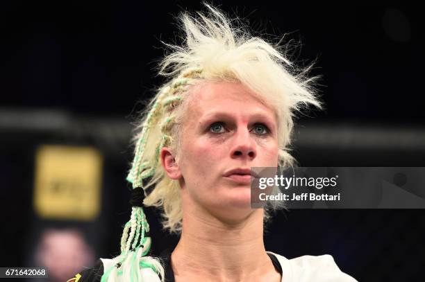 Cindy Dandois of Belgium reacts after the conclusion of her women's bantamweight bout against Alexis Davis of the Canada during the UFC Fight Night...