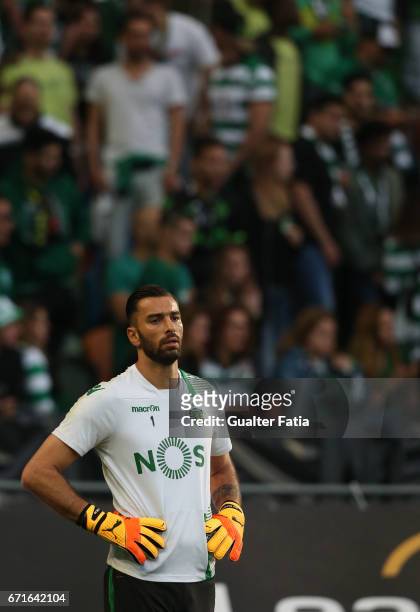 Sporting CP's goalkeeper Rui Patricio from Portugal in action during warm up before the start of the Primeira Liga match between Sporting CP and SL...