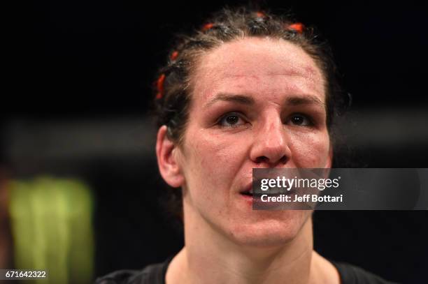 Alexis Davis of the Canada reacts after the conclusion of her women's bantamweight bout against Cindy Dandois of Belgium during the UFC Fight Night...