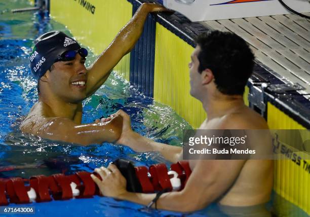 Daniel Dias of Brazil greets Phelipe Andrews Rodrigues after the Men's 100m Freestyle Final A on day 02 of the 2017 Loterias Caixa Swimming Open...