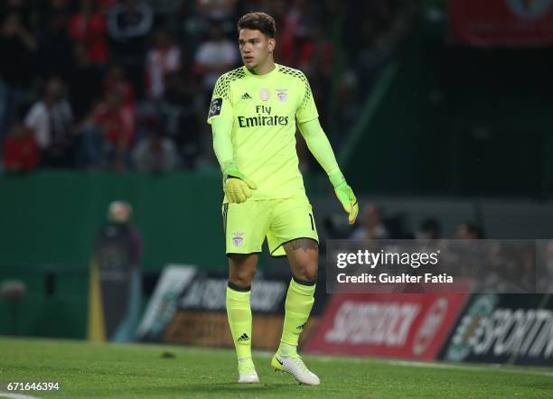 BenficaÕs goalkeeper from Brazil Ederson in action during the Primeira Liga match between Sporting CP and SL Benfica at Estadio Jose Alvalade on...