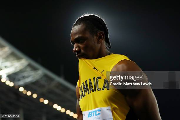 Yohan Blake of Jamaica reacts after heat two of the Men's 4 x 100 Meters Relay during the IAAF/BTC World Relays Bahamas 2017 at Thomas Robinson...