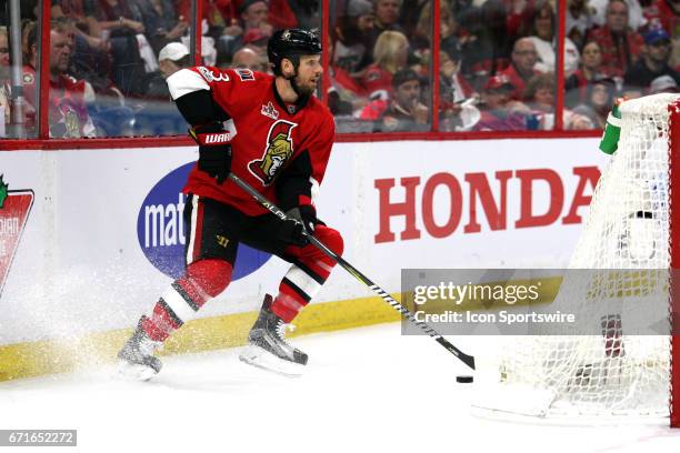 Ottawa Senators Defenceman Marc Methot stops behind his own goal in the third period of game 2 of the first round of the 2017 NHL Stanley Cup...