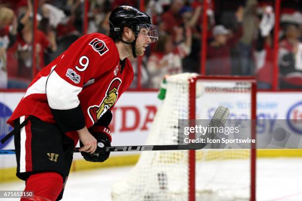 Ottawa Senators Right Wing Bobby Ryan picks up the game winning puck following overtime of game 2 of the first round of the 2017 NHL Stanley Cup...