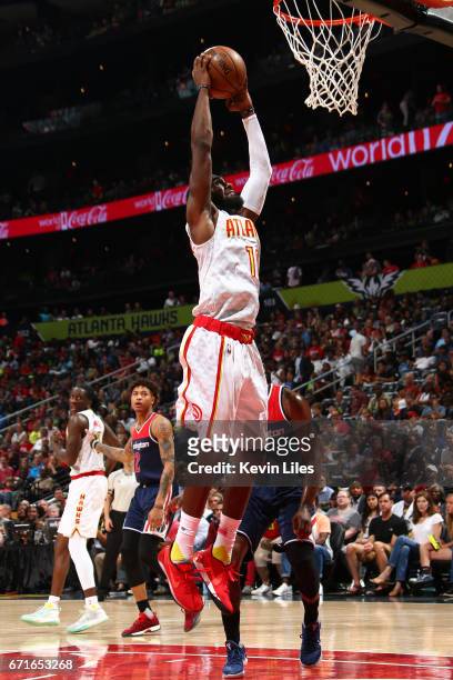 Tim Hardaway Jr. #10 of the Atlanta Hawks goes up for a dunk against the Washington Wizards in Game Three of the Eastern Conference Quarterfinals...