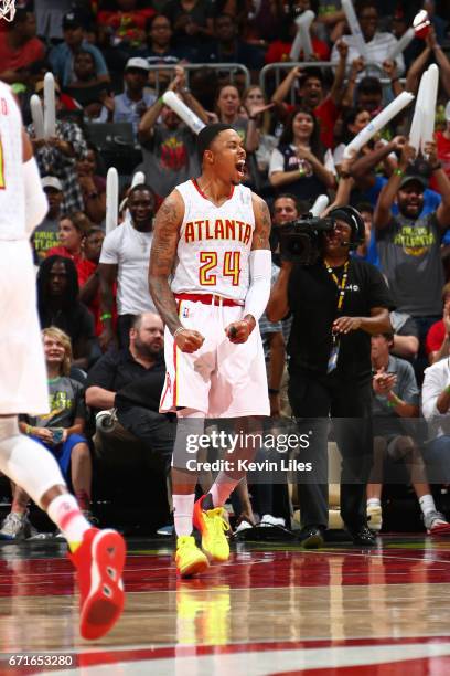 Kent Bazemore of the Atlanta Hawks reacts during the game against the Washington Wizards in Game Three of the Eastern Conference Quarterfinals during...