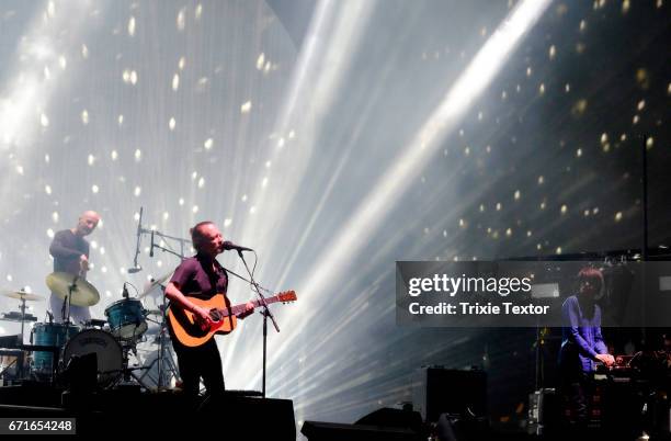 Musicians Thom Yorke , Jonny Greenwood and drummer Clive Deamer of Radiohead perform on the Coachella Stage during day 1 of the Coachella Valley...