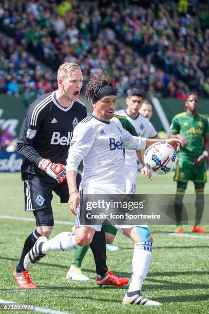 Vancouver Whitecaps midfielder Christian Bolaños clears a ball in defense during the Portland Timbers home victory 2-1 against the Vancouver...