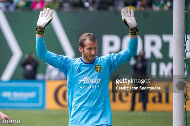 Portland Timbers goal keeper Jeff Attinella in the last moments of the Portland Timbers home victory 2-1 against the Vancouver Whitecaps on April 22...