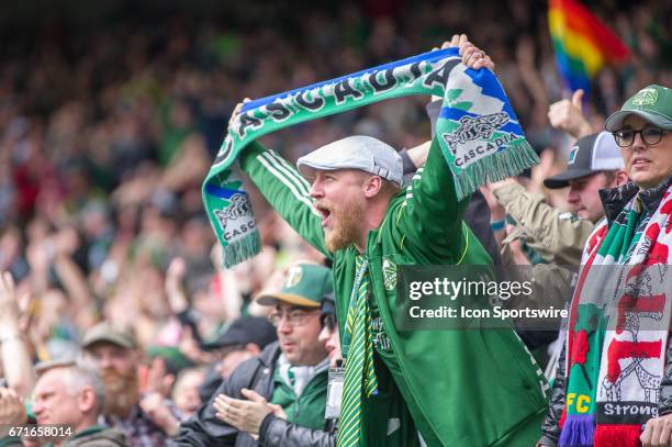 Portland Timbers supporters group, The Timbers Army, celebrate the Portland Timbers home victory 2-1 against their Cascadia rivals, the Vancouver...