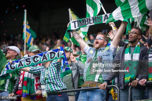 Portland Timbers supporters group, The Timbers Army, celebrate the Portland Timbers home victory 2-1 against their Cascadia rivals, the Vancouver...