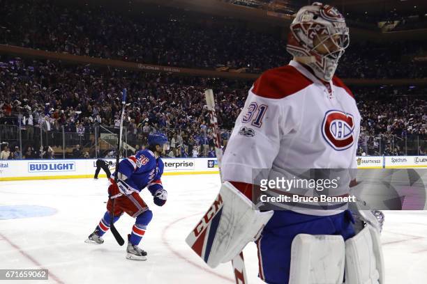 Mats Zuccarello of the New York Rangers celebrates after scoring a goal against the Montreal Canadiens during the second period in Game Six of the...