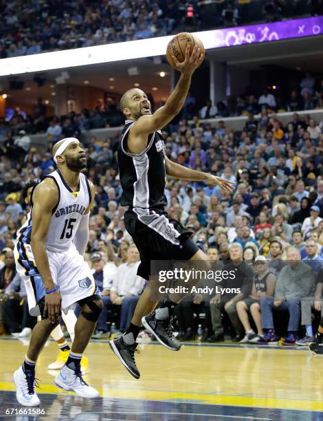 Tony Parker of the San Antonio Spurs shoots the ball against the Memphis Grizzlies in game four of the Western Conference Quarterfinals during the...