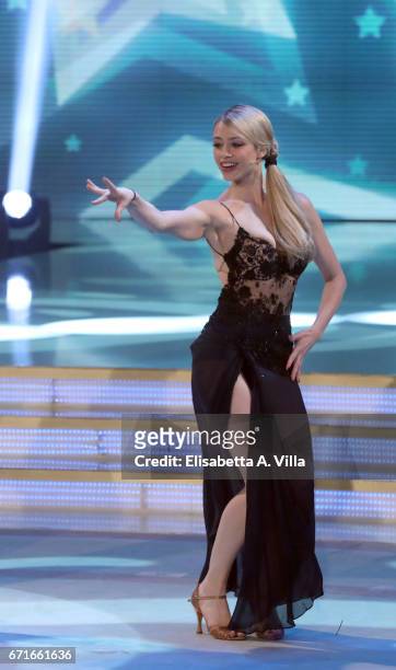 Martina Stella performs on the Italian TV show 'Ballando Con Le Stelle' at Auditorium Rai on April 22, 2017 in Rome, Italy.