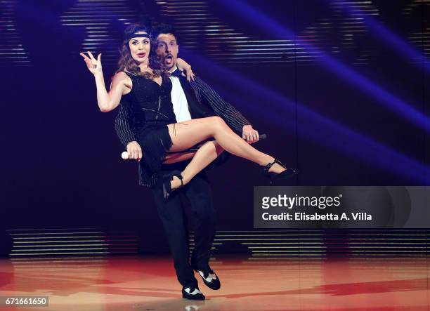 Alba Parietti and her dance partner Marcello Nuzio attend the Italian TV show 'Ballando Con Le Stelle' at Auditorium Rai on April 22, 2017 in Rome,...