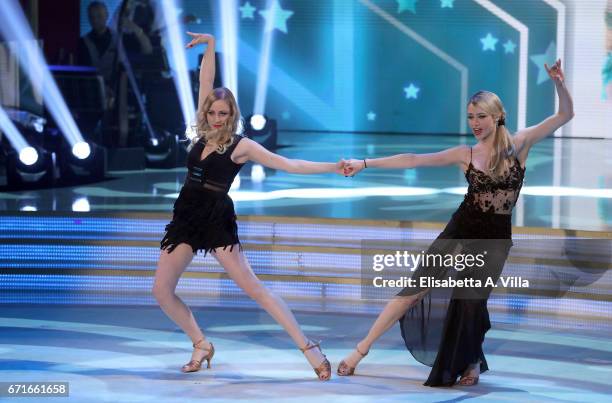 Italian actress Martina Stella and her sister Flavia Stella perform on the Italian TV show 'Ballando Con Le Stelle' at Auditorium Rai on April 22,...